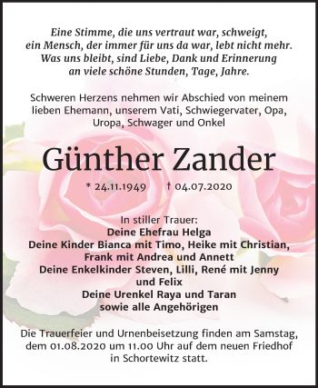 Traueranzeige von Günther Zander von Mitteldeutsche Zeitung Köthen
