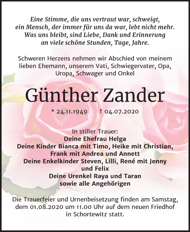  Traueranzeige für Günther Zander vom 11.07.2020 aus Super Sonntag Köthen