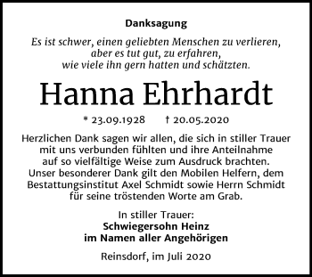 Traueranzeige von Hanna Ehrhardt von Wochenspiegel Naumburg/Nebra