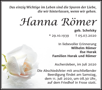 Traueranzeige von Hanna Römer von Mitteldeutsche Zeitung Aschersleben