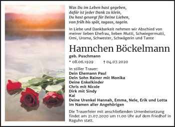 Traueranzeige von Hannchen Böckelmann von Wochenspiegel Bitterfeld