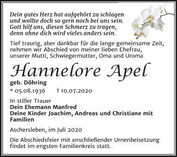 Traueranzeige von Hannelore Apel von Mitteldeutsche Zeitung Quedlinburg