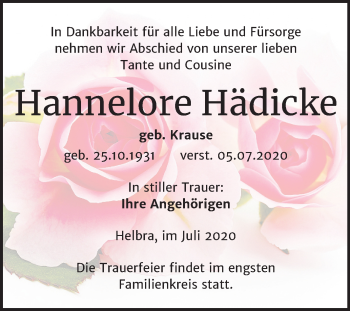 Traueranzeige von Hannelore Hädicke von Mitteldeutsche Zeitung Mansfelder Land