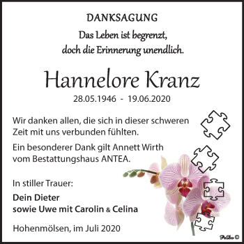 Traueranzeige von Hannelore Kranz von Mitteldeutsche Zeitung Weißenfels
