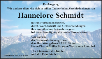 Traueranzeige von Hannelore Schmidt von Super Sonntag Quedlinburg