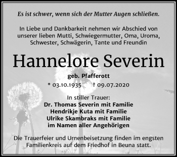 Traueranzeige von Hannelore Severin von Super Sonntag Quedlinburg