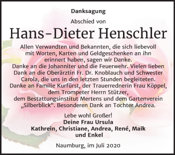 Traueranzeige von Hans-Dieter Henschler von Wochenspiegel Naumburg/Nebra