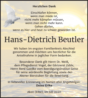 Traueranzeige von Hans-Dietrich Beutler von Mitteldeutsche Zeitung Köthen
