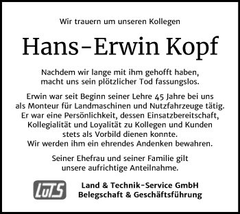 Traueranzeige von Hans-Erwin Kopf von Super Sonntag Mansfelder Land