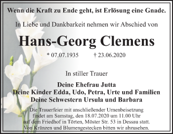 Traueranzeige von Hans-Georg Clemens von Super Sonntag Dessau-Roßlau