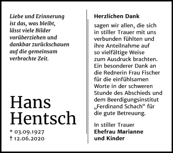 Traueranzeige von Hans Hentsch von Mitteldeutsche Zeitung Wittenberg