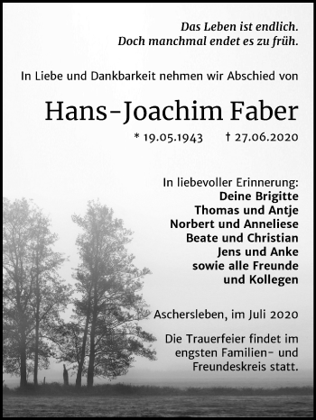 Traueranzeige von Hans-Joachim Faber von Super Sonntag Aschersleben