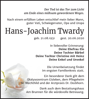Traueranzeige von Hans-Joachim Twardy von Wochenspiegel Mansfelder Land