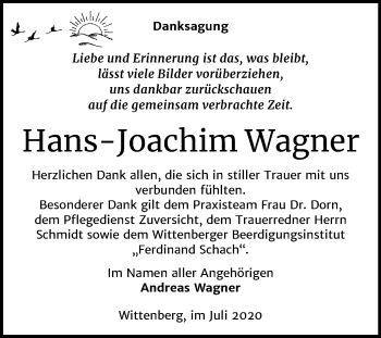 Traueranzeige von Hans-Joachim Wagner von Mitteldeutsche Zeitung Wittenberg