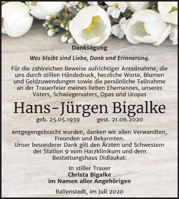 Traueranzeige von Hans-Jürgen Bigalke von Mitteldeutsche Zeitung Quedlinburg