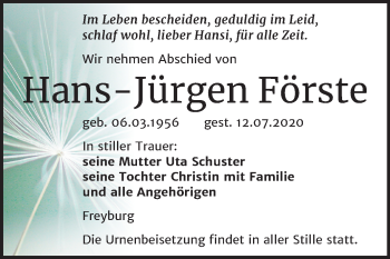 Traueranzeige von Hans-Jürgen Förste von Wochenspiegel Naumburg/Nebra