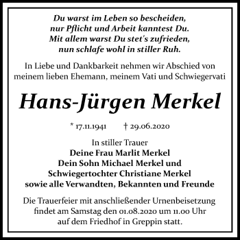 Traueranzeige von Hans-Jürgen Merkel von Wochenspiegel Bitterfeld