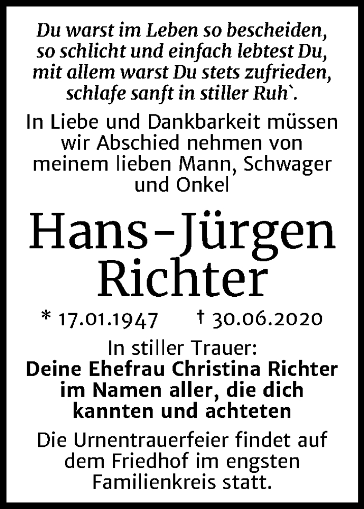 Traueranzeige für Hans-Jürgen Richter vom 11.07.2020 aus Mitteldeutsche Zeitung Mansfelder Land