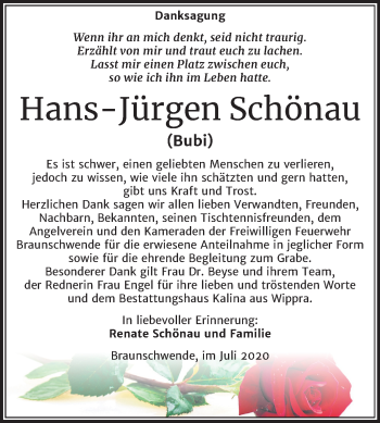 Traueranzeige von Hans-Jürgen  Schönau von Super Sonntag Mansfelder Land