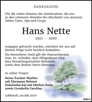 Traueranzeige von Hans Nette von Wochenspiegel Weißenfels