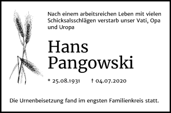 Traueranzeige von Hans Pangowski von Mitteldeutsche Zeitung Halle/Saalkreis