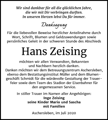 Traueranzeige von Hans Zeising von Super Sonntag Aschersleben