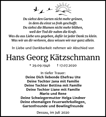 Traueranzeige von Hans Georg Kätzschmann von Mitteldeutsche Zeitung Dessau-Roßlau