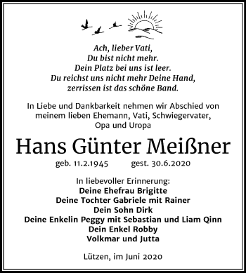 Traueranzeige von Hans Günter Meißner von Wochenspiegel Weißenfels