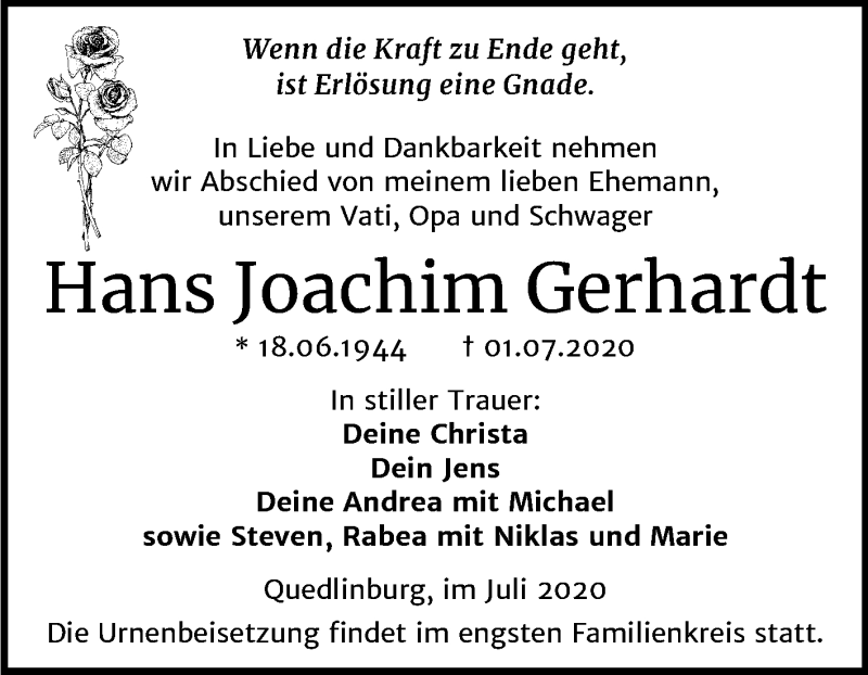  Traueranzeige für Hans Joachim Gerhardt vom 11.07.2020 aus Super Sonntag Quedlinburg