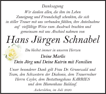 Traueranzeige von Hans Jürgen Schnabel von Super Sonntag Aschersleben