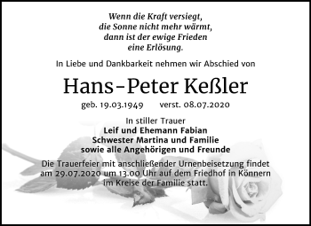 Traueranzeige von Hans Peter Keßler von Super Sonntag Bernburg