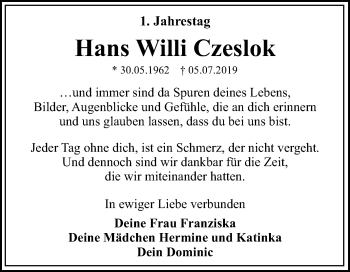 Traueranzeige von Hans Willi Czeslok von Super Sonntag Dessau-Roßlau