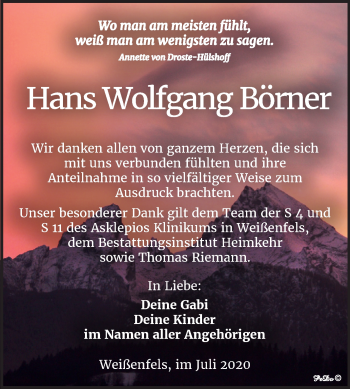 Traueranzeige von Hans Wolfgang Bömer von Mitteldeutsche Zeitung Weißenfels