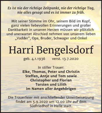 Traueranzeige von Harri Bengelsdorf von Mitteldeutsche Zeitung Halle/Saalkreis