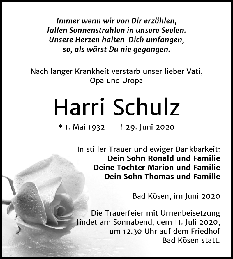  Traueranzeige für Harri Schulz vom 08.07.2020 aus Wochenspiegel Naumburg/Nebra