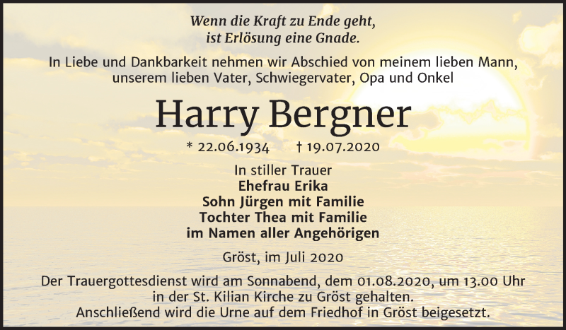  Traueranzeige für Harry Bergner vom 25.07.2020 aus Mitteldeutsche Zeitung Merseburg/Querfurt