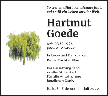 Traueranzeige von Hartmut Goede von Mitteldeutsche Zeitung Mansfelder Land