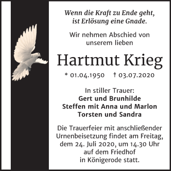 Traueranzeige von Hartmut Krieg von Mitteldeutsche Zeitung Quedlinburg