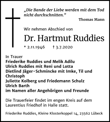 Traueranzeige von Hartmut Ruddies von Mitteldeutsche Zeitung Halle/Saalkreis