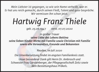 Traueranzeige von Hartwig Franz Thiele von Mitteldeutsche Zeitung Zeitz