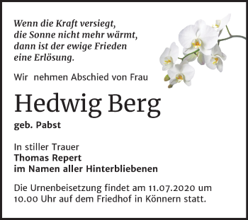 Traueranzeige von Hedwig Berg von Mitteldeutsche Zeitung Bernburg