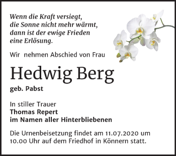 Traueranzeige von Hedwig Berg von Super Sonntag Bernburg