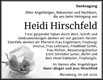 Traueranzeige von Heidi Hirschfeld von Super Sonntag Merseburg/Querfurt