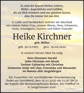 Traueranzeige von Heike Kirchner von Mitteldeutsche Zeitung Sangerhausen
