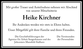 Traueranzeige von Heike Kirchner von Mitteldeutsche Zeitung Sangerhausen