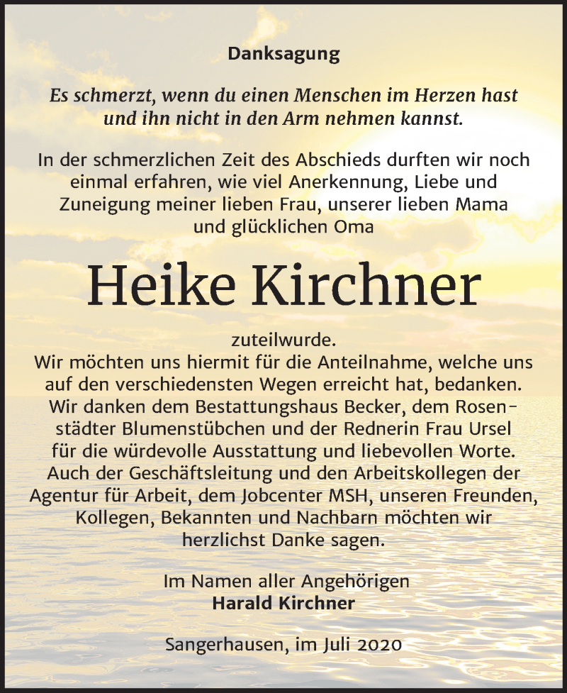  Traueranzeige für Heike Kirchner vom 25.07.2020 aus Mitteldeutsche Zeitung Sangerhausen