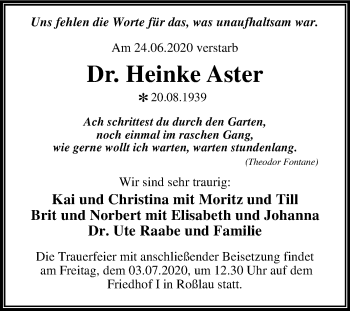 Traueranzeige von Heinke Aster von Wochenspiegel Dessau-Roßlau
