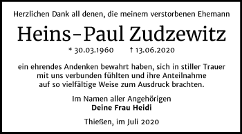 Traueranzeige von Heins-Paul Zudzewitz von Super Sonntag Wittenberg