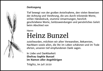 Traueranzeige von Heinz Bunzel von Mitteldeutsche Zeitung Zeitz