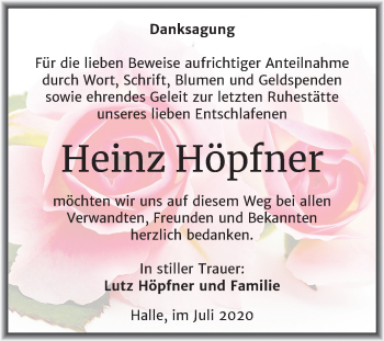 Traueranzeige von Heinz Höpfner von Mitteldeutsche Zeitung Halle/Saalkreis